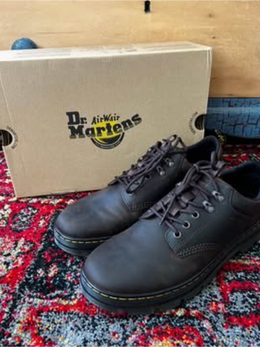 Dr. Martens Black Leather Lace-Up Oxford Shoes with Yellow Stitching